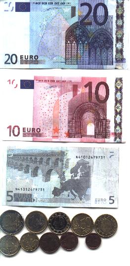 Ejemplos de especimen de billetes y monedas en euros